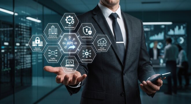 Tech professional presenting a holographic API management and enterprise connectivity dashboard.
