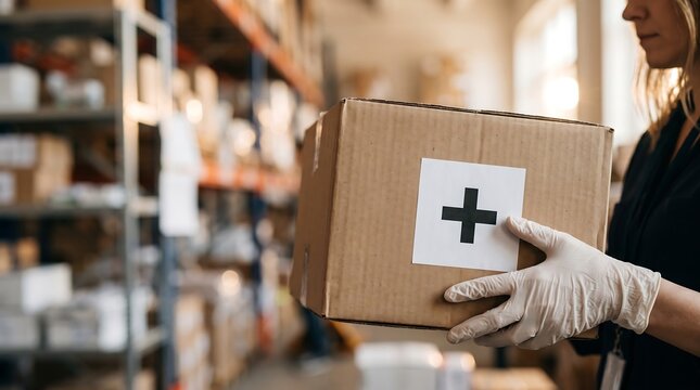 Warehouse worker in blue uniform wearing protective gloves holding medical supply box with cross symbol representing health care logistics and medical product distribution industry