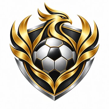 Futuristic Phoenix Soccer Logo with Metallic Shield and Gold Flames