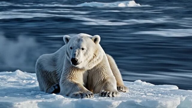 Polar Bear on Small Ice Floe, Visible Breath, Climate Crisis Concept