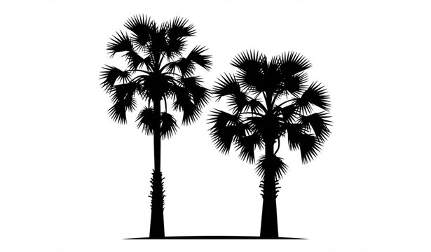 Two Tall Palmyra Palm Trees Black Silhouette Vector Illustration