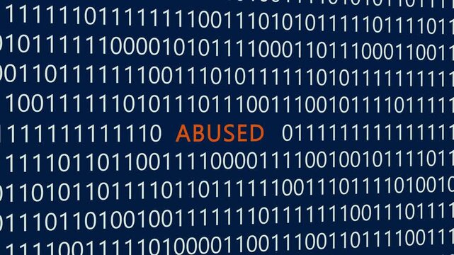 Abused text or word with digital binary animation made in After Effects for digital world technology concept, representing compromised system security, exploited software vulnerabilities, and network 
