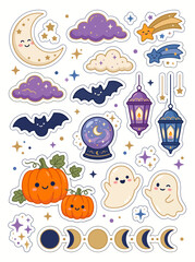 Obraz premium Cute Helloween sticker sheet set with spooky ghosts, pumpkins, bats, crystal ball, magic lantern, and moon phases illustration