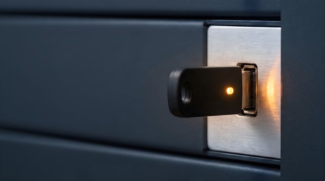 USB security key plugged into enterprise server port with glowing amber LED indicator background with copy space for cybersecurity network access data protection concept