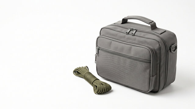 Survival bag and paracord rope on white background