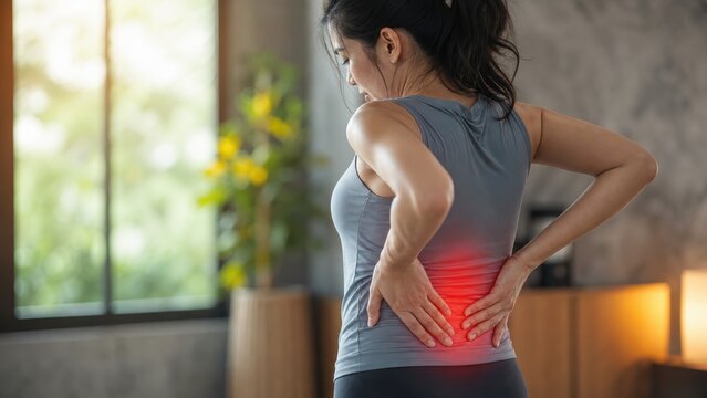 Fit woman holding lower back in pain after workout at home, injury concept