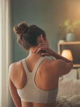 Athletic woman in sports bra rubbing stiff neck, home muscle pain concept