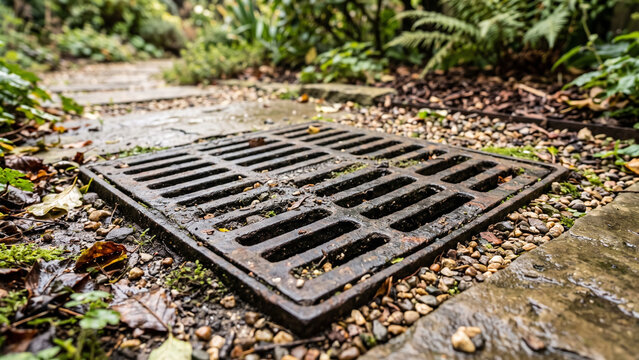 Rusty Metal Drainage Grate on Garden Pathway