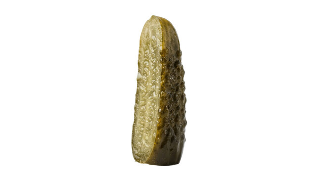 A single half of a crunchy dill pickle slice isolated on transparent background