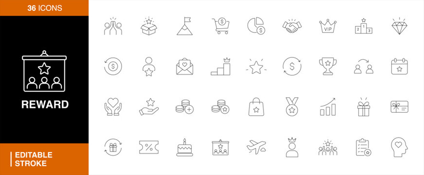 Reward, icon set. Containing recognition, achievement, bonus, loyalty, prize, trophy, medal, gift, ranking, appreciation and incentive icons. Line icon collection.