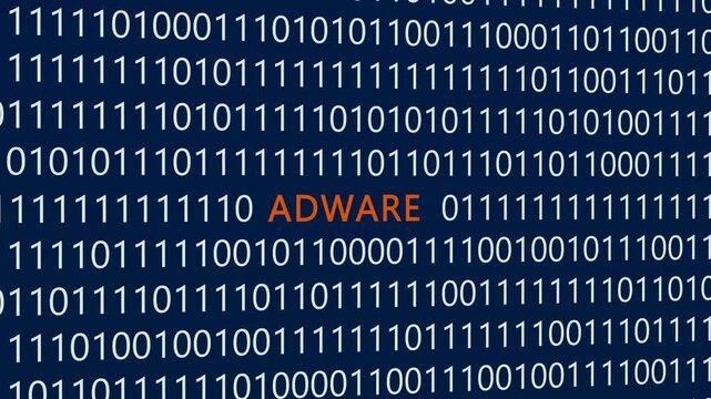 Adware text or word with digital binary animation made in After Effects for digital world technology concept, representing unwanted advertising software, pop-up intrusions, and malicious tracking