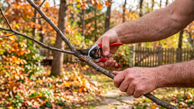 Gardener's hands pruning a tree branch with red shears in autumn garden