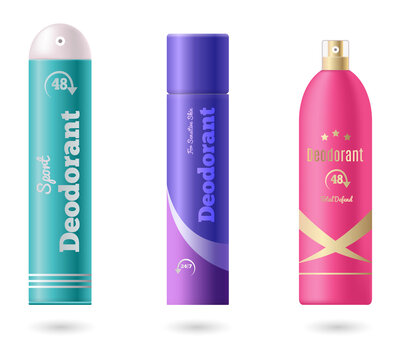 Three colorful deodorant bottles for personal hygiene needs on transparent background