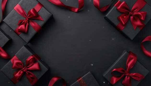 Elegant Black Gift Boxes with Red Ribbons: A collection of dark, beautifully wrapped gift boxes adorned with luxurious satin red ribbons.
