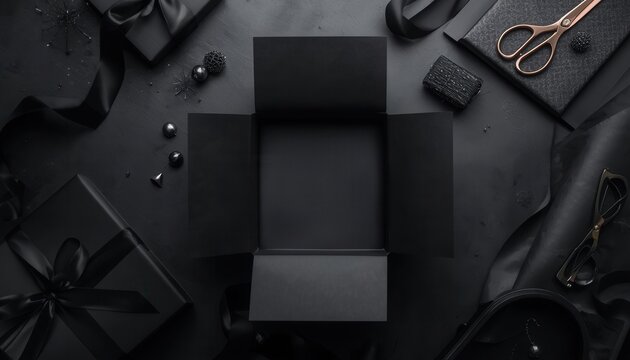 The Mysterious Black Box: An open, empty black box sits at the center of a collection of luxurious black gifts and accessories, hinting at anticipation and hidden secrets.