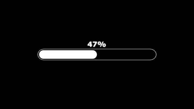 progress bar from 0 to 100% animation with alpha channel, white loading bar animate on a black background.