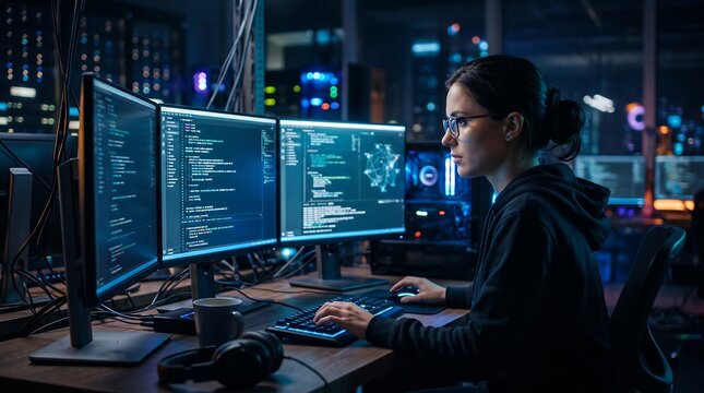 Professional female software developer working with multiple screens at night in tech office