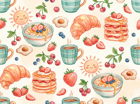 Hand drawn watercolor seamless pattern featuring breakfast foods including pancakes, croissants, coffee, fried eggs, and fresh fruits like strawberries and cherries.