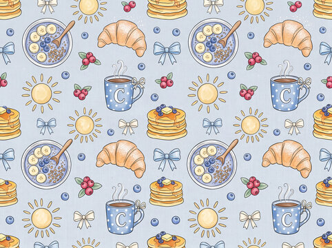 Hand drawn seamless pattern with breakfast food illustration