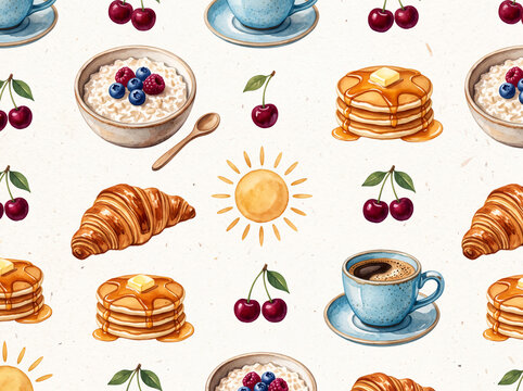 Watercolor breakfast food seamless pattern with pancakes and coffee set