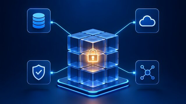 Transparent digital cubes containing a glowing lock connected to cloud and database icons representing secure network infrastructure and data encryption