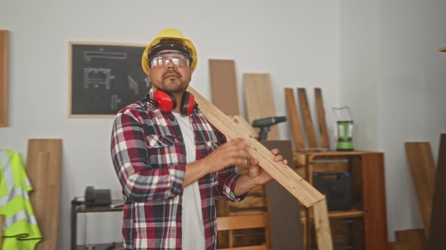 Man hispanic carpenter wearing hard hat, safety glasses and red earmuffs holds and inspects a wooden plank while standing in a studio; concentration.