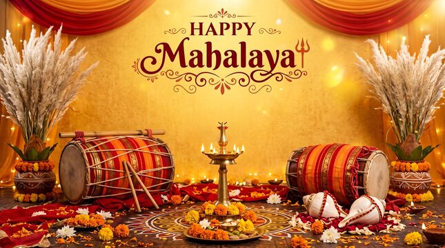 Festive Mahalaya Worship Scene - Lit Diya, Shankh Shells, Dhak Drums, and Kash Grass on Golden Puja Altar