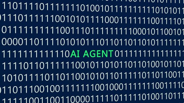 AI Agent text or word with digital binary animation made in After Effects for digital world technology concept, representing autonomous digital assistants, automated task executors