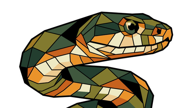Geometric Mosaic Illustration of a Green and Orange Snake Head, Low Poly Stylized Serpent Portrait with Bold Outlines and Triangular Scale Patterns Isolated on a White Background