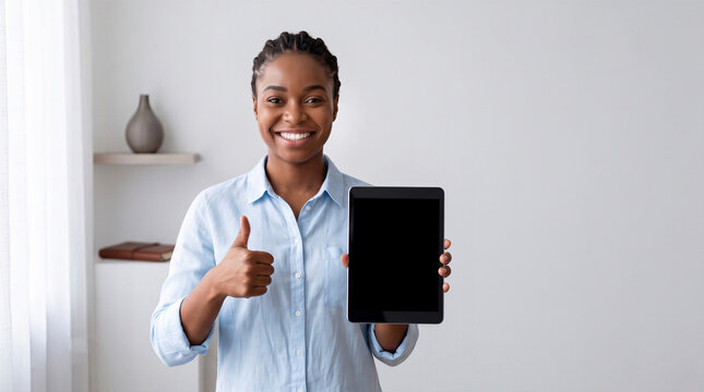 Smiling businesswoman holding a tablet with a blank screen and showing a thumbs up