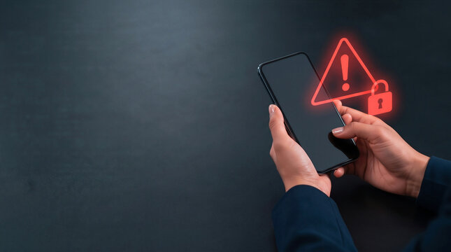 Person holding a smartphone displaying a red cyber security warning alert and lock symbol 