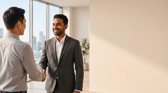 Two smiling business executives shaking hands in a modern corporate office with city view