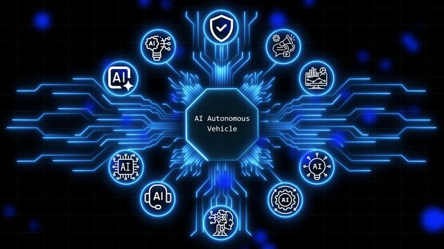 AI autonomous vehicle A glowing neon, and manufacturing process management all connected in a digital circuit like pattern. Business, Technology, Internet and network concept.