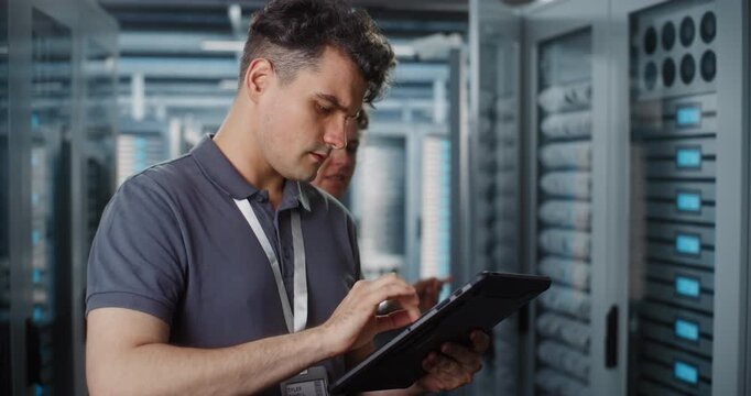 Network Engineer Uses Portable Tablet Screen to Verify System Telemetry, Female Engineer Checks Patch Cables in Server Cabinet. Smart IoT Diagnostics, Hardware Maintenance Secure Enterprise Networks.