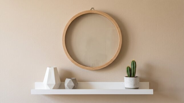 Minimalist interior design with round wooden frame hanging above white shelf, geometric vases and small cactus plant decoration, scandinavian home decor concept beige wall