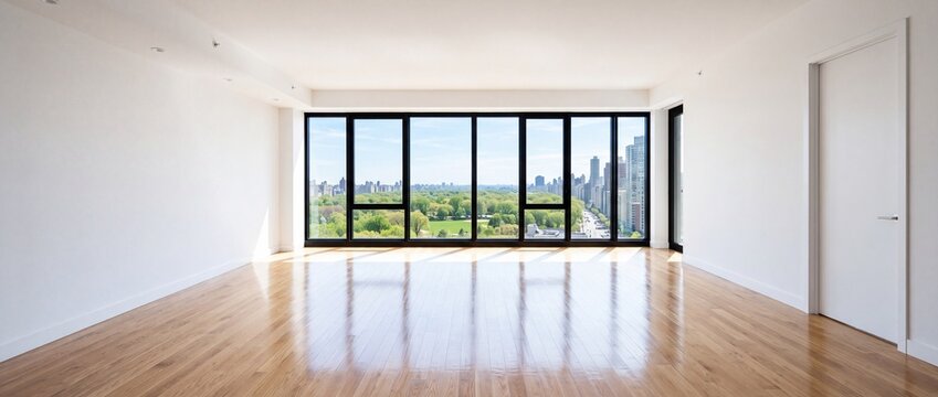 Empty luxury penthouse apartment interior with polished hardwood floors and massive wall to wall windows overlooking city park