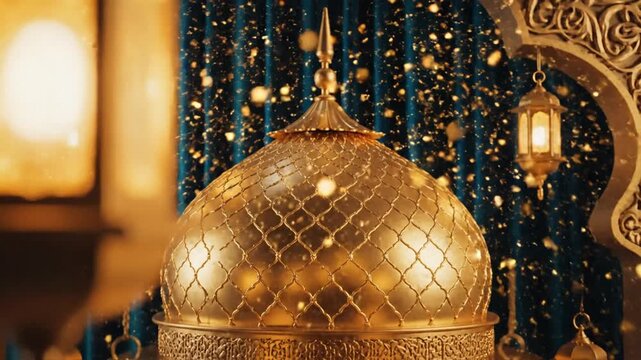 Golden mosque dome with glowing lanterns for Ramadan celebration