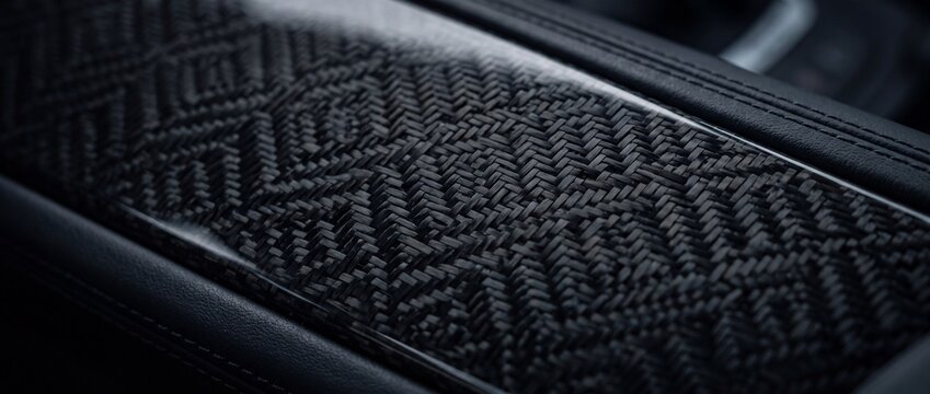 Intricate dark carbon fiber weave pattern with a glossy finish on a luxurious modern car interior panel