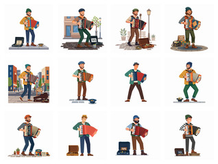 Fototapeta premium Street Musician Accordion Players Illustration Set