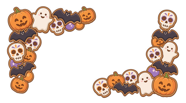 Halloween corner decoration vector illustration with cute spooky cookies including pumpkins ghosts and skulls