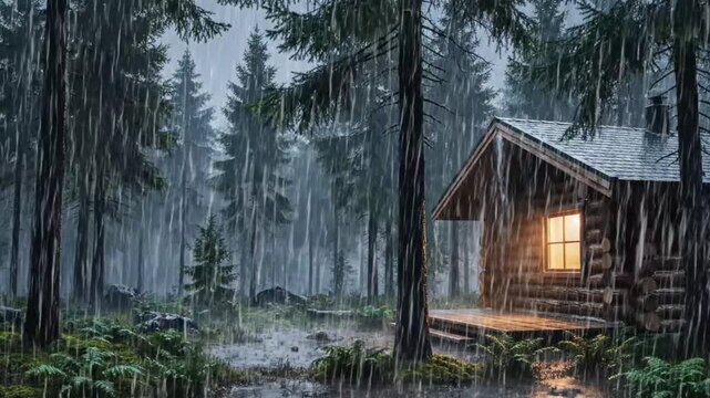 Cozy wooden cabin in a dense forest during a heavy rainstorm warm light shining from window