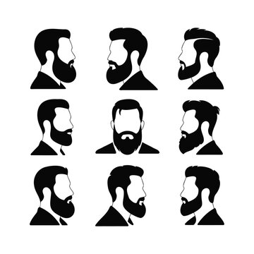 Set of nine black and white side-profile silhouettes of bearded men with diverse classic and modern hairstyles, perfect for barbershop branding.