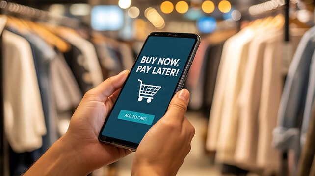 Smartphone displaying buy now pay later checkout screen in a boutique