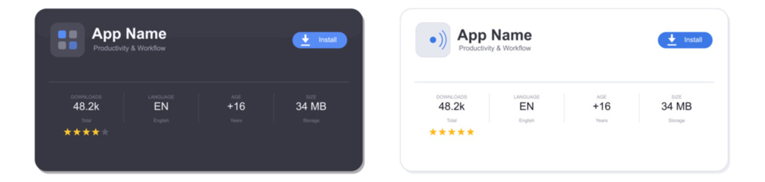 Light and dark mode app store download UI card design template