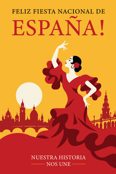 Spanish National Day greeting card with flamenco dancer and Madrid skyline