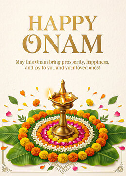 Onam wishes greeting card featuring traditional brass oil lamp nilavilakku over colorful flower rangoli pookalam.