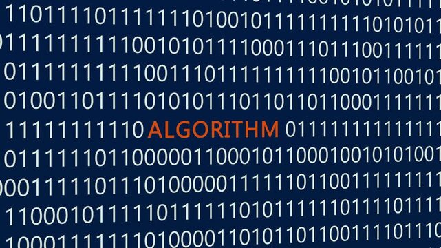 Algorithm text or word with digital binary animation made in After Effects for digital world technology concept, representing computational logic, automated decision-making processes, code instruction