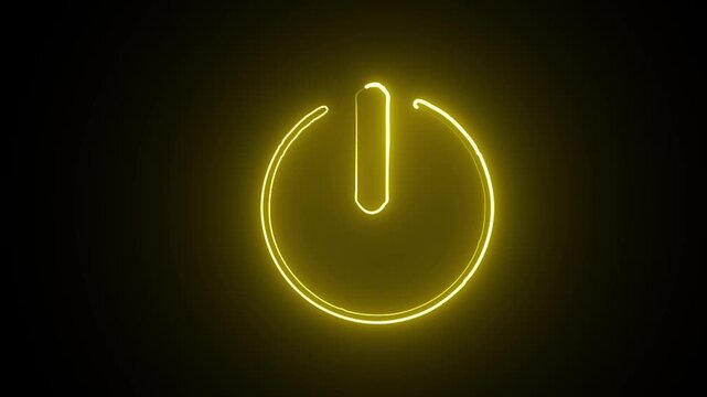 Abstract glowing yellow purple neon symbol of power button sign with glowing outlines with rays on black background with reflection. 4k video.
