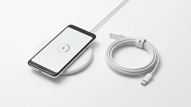 Smartphone charging on a round wireless charging pad with white cable