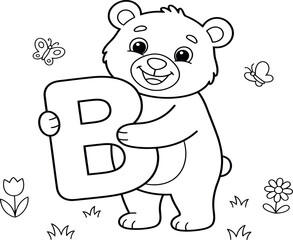 A cute little teddy bear holding the letter b surrounded by flowers for children to color as an activity © MOKTAR